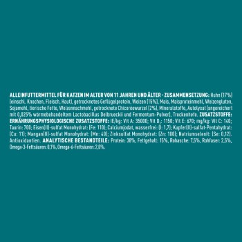 Katzenfutter für Katzen ab 11 Jahren, mit Huhn, Getreide und verschiedenen Nährstoffen; detaillierte Zutaten- und Nährwertinformationen enthalten.