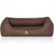 Braunes Hundebett mit schlankem Design und erhöhten Rändern, mit dem Logo 'KNUFFELWUFFF' prominent auf der Vorderseite angezeigt.