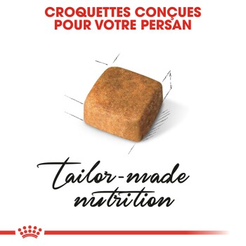 Croquettes conçues pour votre persan, présentant une seule croquette brune avec le texte "nutrition sur mesure" en dessous.