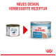 Zwei Dosen Royal Canin Haustierfutter: "Pediatric Starter" und "Starter Mother & Babydog", mit einem roten Pfeil, der das neue Design und Rezept hervorhebt.