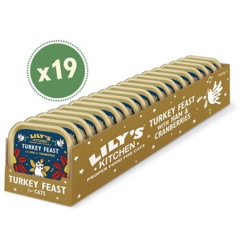 Lily's Kitchen Turkey Feast pour chats, pack de 19, avec des boîtes contenant du jambon et des canneberges, décorées d'un design ludique.