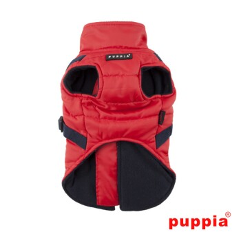 Rote Hundeweste mit einem gesteppten Design, mit schwarzem Innenfutter und blauen Riemen, gekennzeichnet mit der Marke "Puppia."