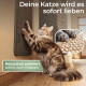Getigerte Katze kratzt an einem an der Wand befestigten Sisal-Kratzpad, Nahaufnahme der Pfote; sichtbarer Text: 'Die Katze wird es lieben, Natursisal lädt zum Kratzen ein'.