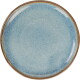 Leere runde, blau glasiere Keramik-Hundenapf mit braunem Rand, Draufsicht.