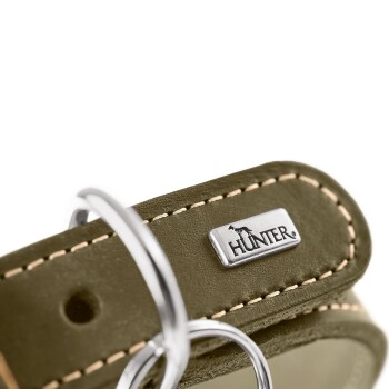 Olivgrünes Lederhundehalsband mit weißer Naht, silbernen D-Ringen und einer 'HUNTER'-Metall-Logoplatte.