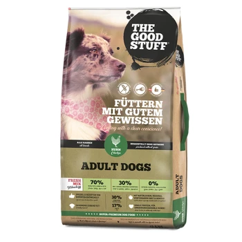 Tüte "The Good Stuff" Erwachsenen-Hundefutter mit Huhn, mit einem Hund, der ein pinkes Halstuch trägt, und deutschem Text.