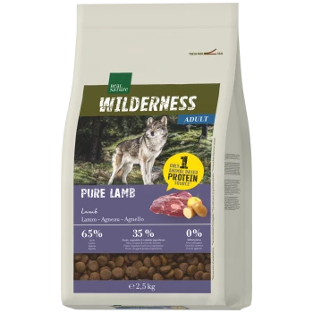 Real Nature Wilderness Adult Pure Lamb pet food bag showing wolf image, "Only 1 animal based protein source", 65% lamb, 2.5 kg