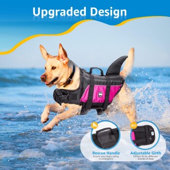 Ein gelber Labrador in einer schwarzen und rosa Schwimmweste springt durch Wellen, mit "Verbessertes Design" oben und Merkmalen darunter.