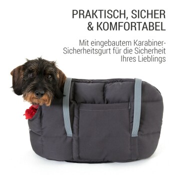 Hundetragetasche in Dunkelgrau mit Sicherheitsgeschirr, mit einer Tasche und dem Text: 'Praktisch, sicher & komfortabel' auf Deutsch.