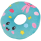 Jouet pour animal en peluche turquoise en forme de donut avec visage souriant, nœud rose, étoiles jaunes et pois colorés.