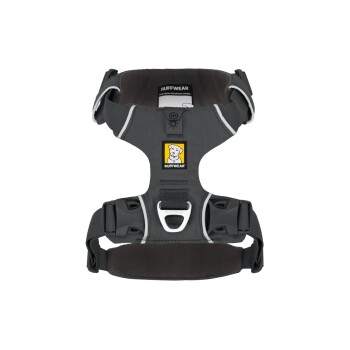 Ein schwarzes Hundegeschirr mit reflektierenden Akzenten, das ein gelbes Logo eines Hundes und den Markennamen "RUFFWEAR" auf der Vorderseite zeigt.