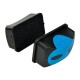 Black and blue pet grooming brush with a textured grip and a removable cleaning pad.