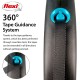 Flexi 360° Tape Guidance System for pet leashes, featuring a black handle with a blue button and a textured tape, promoting smooth extension.