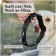 Hand hält ein schwarzes Nylon-Hundehalsband mit der Aufschrift „Freudentier“ und deutschem Text, der den robusten Nylon-Außenstoff und die weiche Neoprenpolsterung beschreibt.