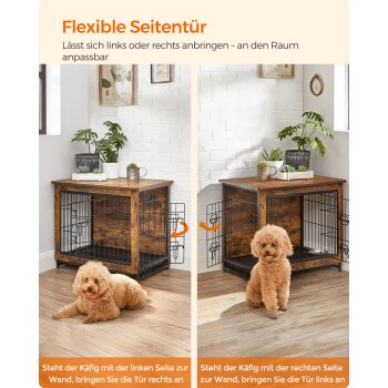 Tiertransportbox mit einer flexiblen Seitentür und einem flauschigen Hund daneben. Der Text beschreibt die Platzierungsoptionen für die linke oder rechte Tür.