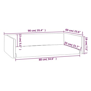 Illustration der Abmessungen eines Haustiersofas mit Maßen: 90 cm (35,4"), 60 cm (23,6"), 55 cm (21,7"), 19 cm (7,5") und 13 cm (5,1").