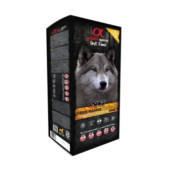 Alpha Spirit Soft Food Hundefutterbeutel mit Wolfsbild, Aufschrift 'Freilandgeflügel – Vollwertiges Futter für Hunde'