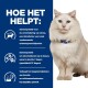Een fluffy witte hond zit tegen een blauwe achtergrond met tekst die uitlegt hoe een product helpt stress en urineproblemen bij huisdieren te verminderen.