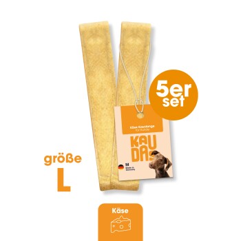 Käse-Kau-Sticks für Hunde im 5er-Pack, beschriftet mit "Käse Kaustange für Hunde," Größe L, hergestellt in Deutschland, mit einem Hundebild.