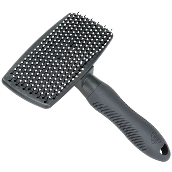 Brosse de toilettage pour animaux noire avec une tête rectangulaire et des poils blancs, dotée d'un manche ergonomique texturé.