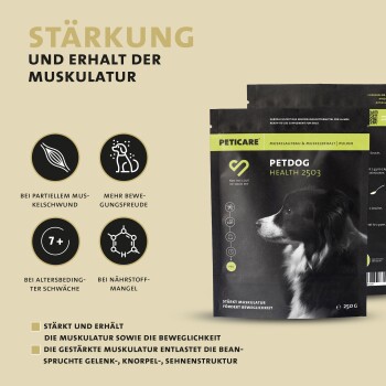 Peticare Muskulatur Pulver für Hunde, mit essenziellen Aminosäuren, Kollagen 250 g