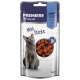 PREMIÈRE friandises molles Mini Sticks I love my cat au saumon et à la truite, 50g, avec un chat gris et des morceaux de friandises.