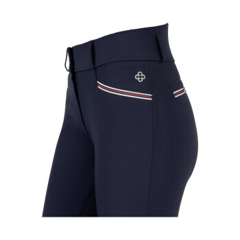 Marineblaue Reitleggings mit hohem Bund, mit einem Logo und rot-weißen Streifen an der Seite.