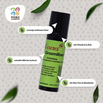 Grüne Flasche von Yuki Cares Grasmilben, ein Hautpflegeprodukt für Haustiere mit Vorteilen wie "versorgt zerbissene Haut" und Zutaten wie Vitamin E.