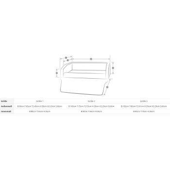Diagramm eines Haustierbettes mit beschrifteten Abmessungen für drei Größen, einschließlich äußerer und innerer Maße in Zentimetern.