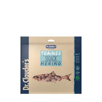 Dr. Clauder's Trainee Snack Hering Verpackung, mit einer Fischgrafik, hebt "100% Hering" und "Seit 1957" in einem natürlichen Design hervor.