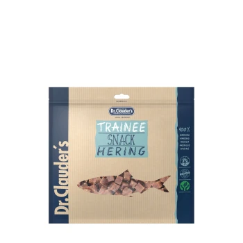 Dr. Clauder's Trainee Snack Hering Verpackung, mit einer Fischgrafik, hebt "100% Hering" und "Seit 1957" in einem natürlichen Design hervor.