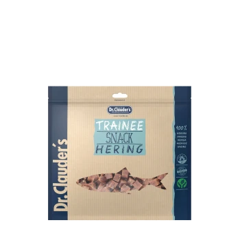 Dr. Clauder's Trainee Snack Hering Verpackung, mit einer Fischgrafik, hebt "100% Hering" und "Seit 1957" in einem natürlichen Design hervor.