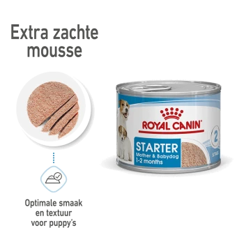Royal Canin Starter hondenvoerblik voor puppy's van 1-2 maanden, met extra zachte mousse textuur, met afbeeldingen van een moederhond en puppy.
