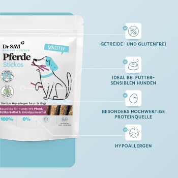 Dr. SAM Pferde Stickos Verpackung, ein hypoallergenes Hundesnack, hebt glutenfrei, hochwertiges Protein für futtersensible Hunde hervor.