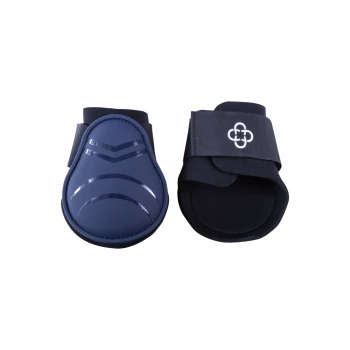 Zwei blaue Haustierstiefel nebeneinander angezeigt, mit einer glänzenden schützenden Schale und verstellbaren Riemen für einen sicheren Sitz.