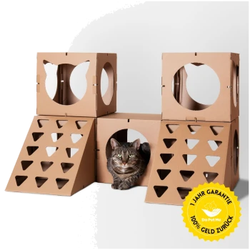 Eine getigerte Katze, die in einer Pappspielstruktur mit ausgeschnittenen Formen entspannt, mit einem gelben Garantieabzeichen, das "1 JAHR GARANTIE 100% GELD ZURÜCK" besagt.