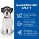 Puchaty biały pies z czerwoną obrożą siedzi na niebieskim tle z polskim tekstem o utracie wagi, omega-3 i zdrowiu stawów.