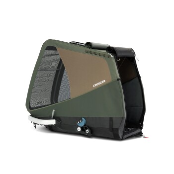 Eine grüne und schwarze Haustiertrage mit Netzpaneelen und einem aufrollbaren Oberteil, beschriftet mit 'CROOZER', entworfen für den Transport von Haustieren.