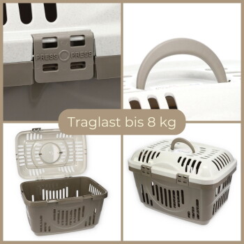 Beige Kunststoff-Transportbox mit Tragegriff oben und Druckverschlüssen; dargestellt offen und geschlossen. Sichtbarer Text: 'Traglast bis 8 kg'.