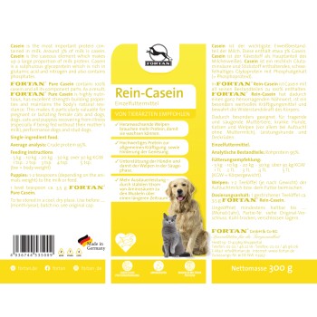 Fortan Pure Casein Verpackung mit einem Hund und einer Katze, mit Nährwertangaben, die 95% Rohprotein, Fütterungshinweise und Lagerdetails hervorheben.