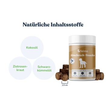 Felmo ‚Abschreck-Snacks‘ Glas und braune Hundeleckerlis von 1,5 cm; Text: „Natürliche Inhaltsstoffe“ und Zutatenbezeichnungen sichtbar.