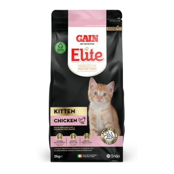 A 2kg bag of Gain Elite Complete Cat Nutrition for kittens, featuring a cute orange kitten on the front, labeled "Chicken."