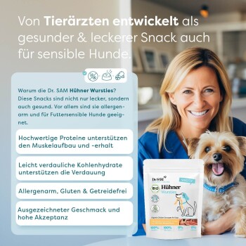 Dr. SAM Hühner Wursties Hundesnacks, entwickelt von Tierärzten, fördern die Muskelgesundheit, die Verdauung und sind allergenfrei.