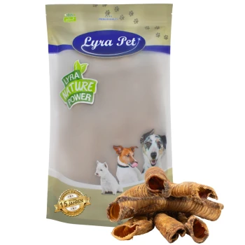 Lyra Pet Hundeleckerlipackung mit einer klaren Tüte und einem grünen "Lyra Nature Power"-Label, neben mehreren gerollten Fleischsnacks.