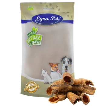 Lyra Pet Hundeleckerlipackung mit einer klaren Tüte und einem grünen "Lyra Nature Power"-Label, neben mehreren gerollten Fleischsnacks.
