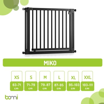 Schwarzes Haustiersicherheitsgitter, das mit Größenoptionen von XS bis XXL angezeigt wird, misst 63-111 cm, beschriftet mit "MIKO" am unteren Rand.