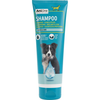 AniOne hondenshampoobuis, turquoise etiket met 'SHAMPOO', 'Shine & Care', foto van een hond, waterdruppel, tekst 'veganistisch' en 'panthenol'.