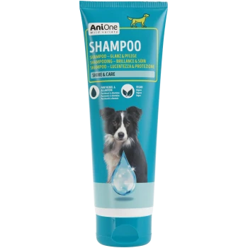 AniOne hondenshampoobuis, turquoise etiket met 'SHAMPOO', 'Shine & Care', foto van een hond, waterdruppel, tekst 'veganistisch' en 'panthenol'.