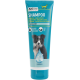 AniOne Hunde-Shampoo-Tube, türkisfarbener 'SHAMPOO'-Aufdruck, 'Shine & Care', Hunde-Foto, Wassertropfen, Beschriftungen 'Vegan' und 'Panthenol'.