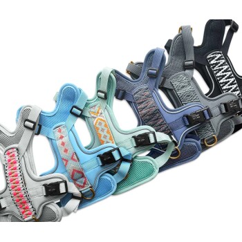 Eine Vielzahl von bunten Haustiergeschirren, die in einer Reihe angeordnet sind, mit verschiedenen Mustern und Farben, mit einem sichtbaren Etikett mit der Aufschrift 'HEY LANA'.